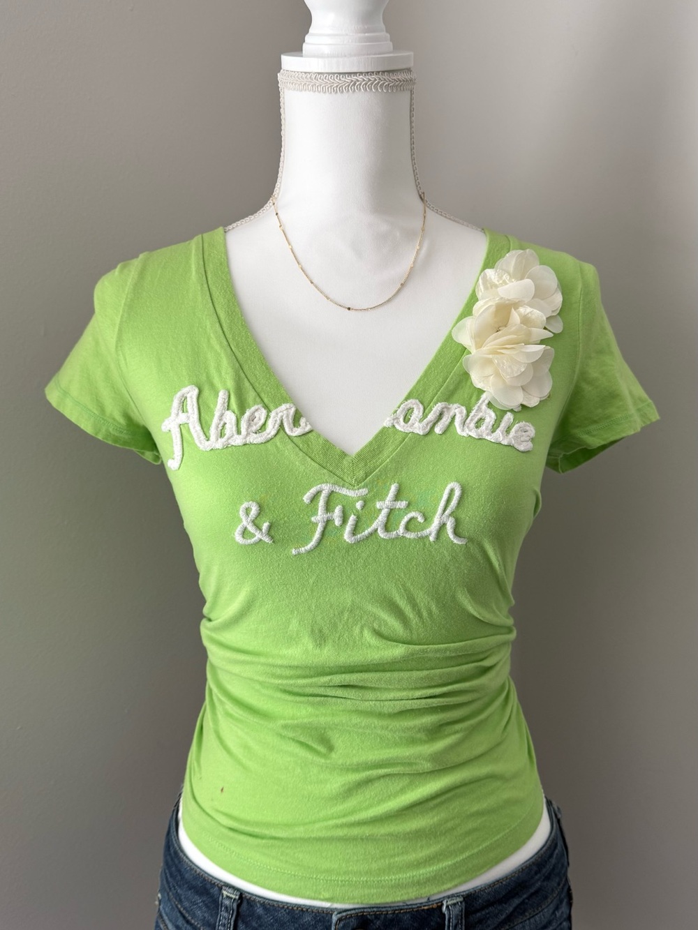 Abercrombie & Fitch Lime Green V-Neck Tee with Cream Floral Applique